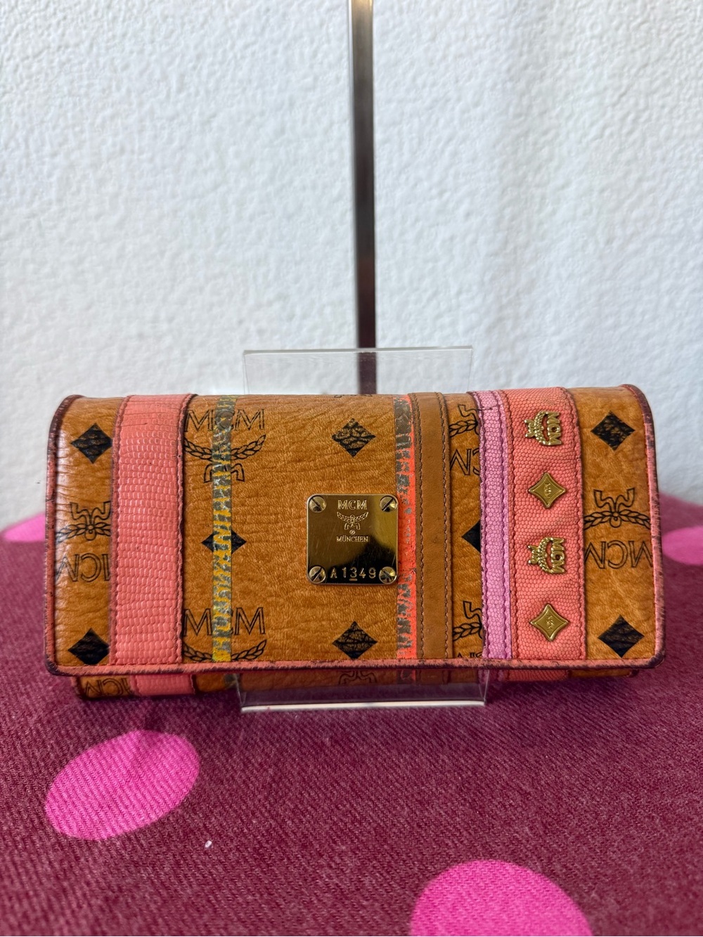 MCM Cognac Visetos Multicolor Stripe Studded Trifold Long Wallet A1349